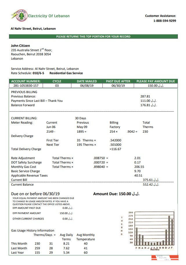 Lebanon Electricity of Lebanon utility bill template in Word and PDF format